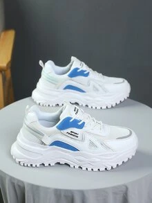 Men Lace Up Letter Graphic Chunky Sneakers, Sporty Outdoor Mesh Sneakers - White - View 4