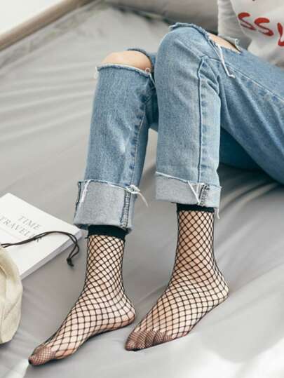 素色漁網中筒襪