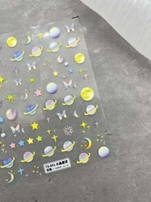 1張5D星系貼紙適用於指甲片太空星球設計貼花彩色月亮星星自粘美甲飾品 - 彩色 - 查看 3