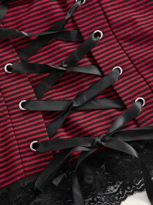 ROMWE Grunge Punk 條紋圖案繫帶蕾絲拼接吊帶上衣 - 彩色 - 查看 3