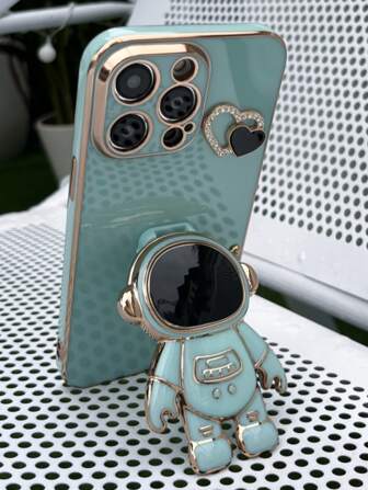 1pc Tpu Shockproof Solid Color Plating Love & Astronaut Design Phone Case Compatible With IPhone 15 Pro Max And Galaxy S24 Ultra 5g