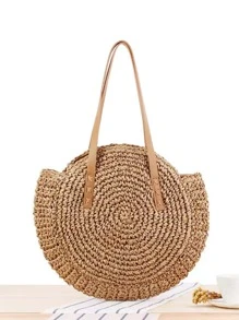 Túi xách rơm rỗng, Túi dệt đi biển thời trang, Túi đeo vai hình tròn sức chứa lớn - Màu Khaki - Xem 1