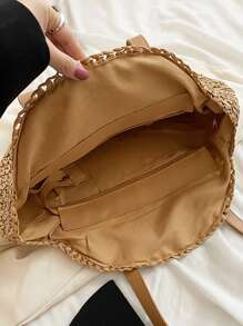 Túi xách rơm rỗng, Túi dệt đi biển thời trang, Túi đeo vai hình tròn sức chứa lớn - Màu Khaki - Xem 3