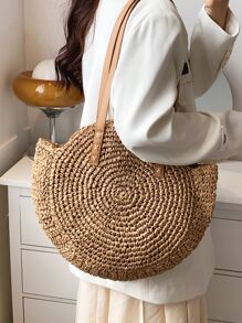 Túi xách rơm rỗng, Túi dệt đi biển thời trang, Túi đeo vai hình tròn sức chứa lớn - Màu Khaki - Xem 4