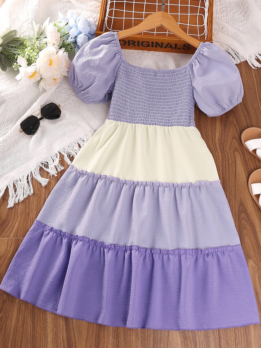 SHEIN Chicas Vestido con fruncido de color combinado de manga farol bajo con fruncido - Morado - Ver 1