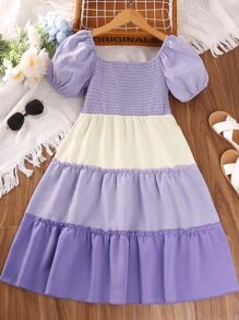 SHEIN Chicas Vestido con fruncido de color combinado de manga farol bajo con fruncido - Morado - Ver 2