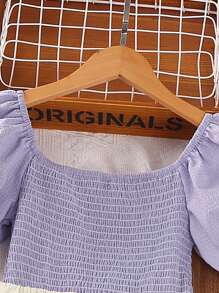 SHEIN Chicas Vestido con fruncido de color combinado de manga farol bajo con fruncido - Morado - Ver 3