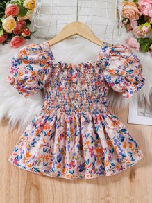 Tween Girl Floral Print Puff Sleeve Peplum Blouse - Multicolor - View 1