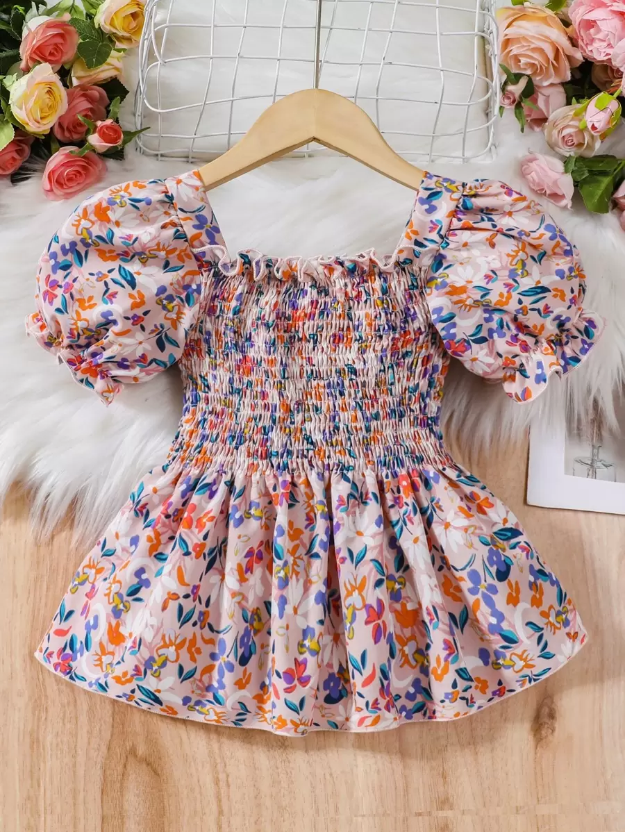 Tween Girl Floral Print Puff Sleeve Peplum Blouse - Multicolor - View 1