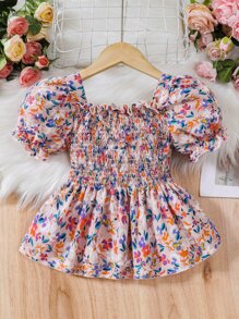 Tween Girl Floral Print Puff Sleeve Peplum Blouse - Multicolor - View 2