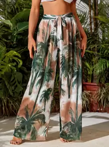 SHEIN Swim Summer Beach Tropical Print Tie Front Cover Up Pants - Multicolor - View 1