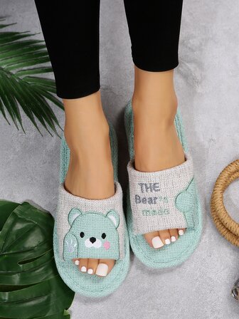 女士卡通小熊字母刺繡細節臥室拖鞋時尚家居拖鞋