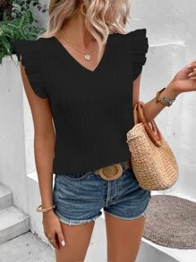 SHEIN LUNE Solid Ruffle Trim Blouse - Black - View 1