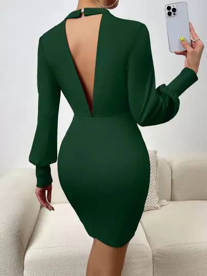 SHEIN Privé 鏤空露背燈籠袖緊身連衣裙