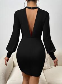 SHEIN Privé 鏤空露背燈籠袖緊身連衣裙 - 黑色 - 查看 2