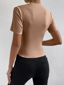RosyDaze 休闲纯色褶皱修身短袖T恤，夏季 - 棕色 - 查看 2