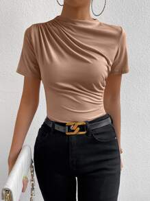 RosyDaze 休闲纯色褶皱修身短袖T恤，夏季 - 棕色 - 查看 3