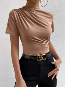 RosyDaze 休闲纯色褶皱修身短袖T恤，夏季 - 棕色 - 查看 4