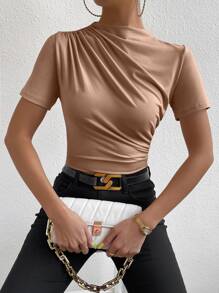 RosyDaze 休闲纯色褶皱修身短袖T恤，夏季 - 棕色 - 查看 5