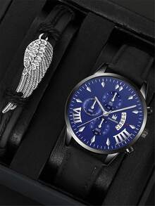 SHAARMS 1pc Men Round Pointer Quartz Watch & 1pc Wing Decor Bracelet - Black - View 1