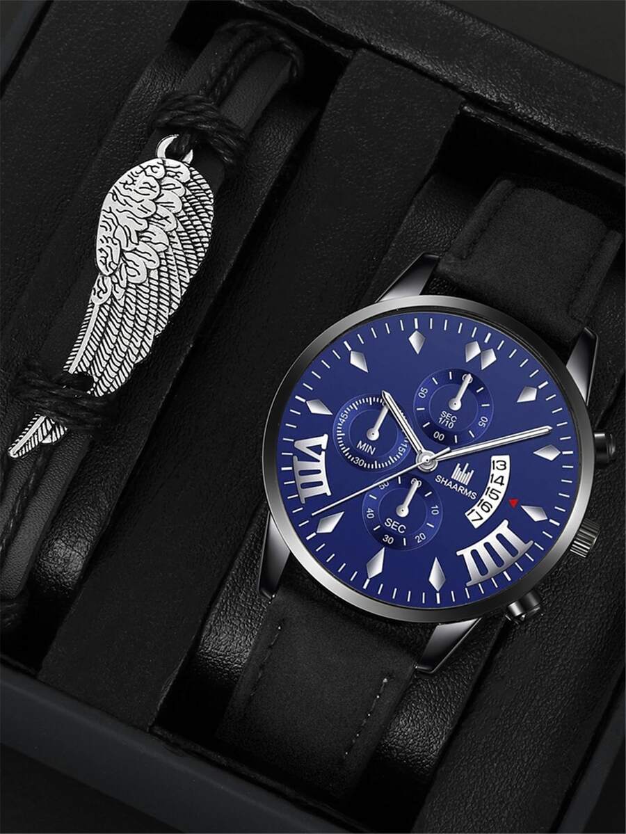 SHAARMS 1pc Men Round Pointer Quartz Watch & 1pc Wing Decor Bracelet - Black - View 1