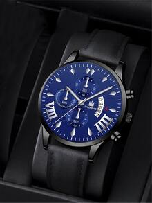 SHAARMS 1pc Men Round Pointer Quartz Watch & 1pc Wing Decor Bracelet - Black - View 3