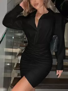 SHEIN SXY Đầm Xù Nút phía trước màu trơn Giải trí - màu đen - Xem 4