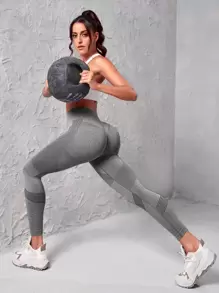 Easithlete Heather Gray Yoga Leggings Seamless Tummy Control Gym Tights - Grey - View 6