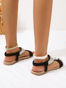 Women Rhinestone Decor Open Toe Ankle Strap Sandals, Glamorous Summer Outdoor Slingback Sandals - Black - View 3