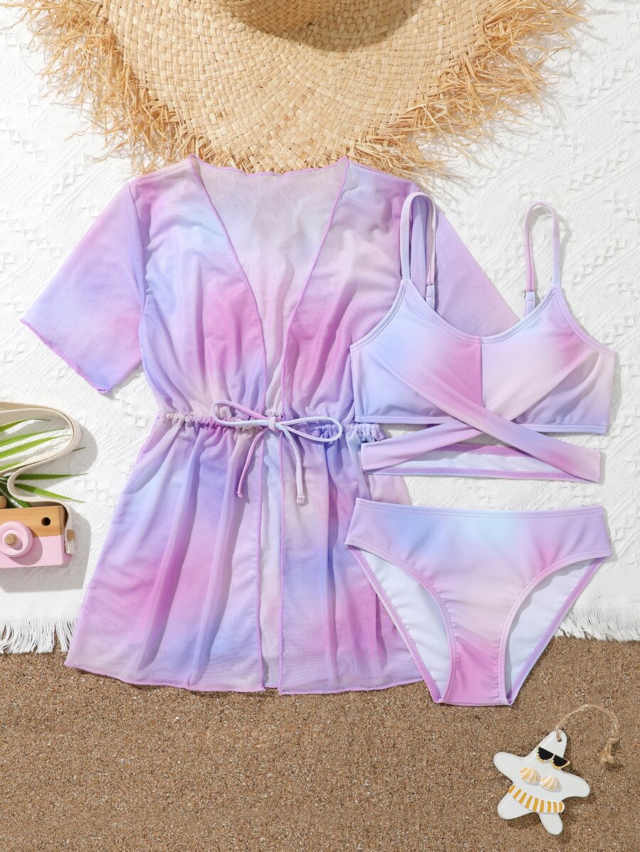 Tween Girl 3packs Ombre Bikini Set & Drawstring Waist Kimono Summer Beach - Multicolor - View 1