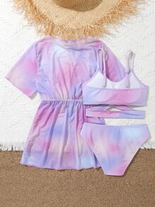 Tween Girl 3packs Ombre Bikini Set & Drawstring Waist Kimono Summer Beach - Multicolor - View 2