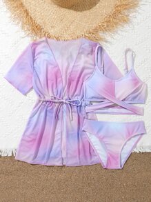Tween Girl 3packs Ombre Bikini Set & Drawstring Waist Kimono Summer Beach - Multicolor - View 4