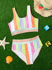 SHEIN Tween Girl Colorblock Contrast Tape Bikini Set Summer Beach - Multicolor - View 1