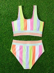 SHEIN Tween Girl Colorblock Contrast Tape Bikini Set Summer Beach - Multicolor - View 2