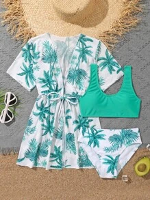 Tween Girl 3packs Tropical Print Bikini Set & Kimono Summer Beach - Multicolor - View 1