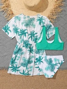 Tween Girl 3packs Tropical Print Bikini Set & Kimono Summer Beach - Multicolor - View 2