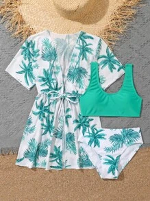 Tween Girl 3packs Tropical Print Bikini Set & Kimono Summer Beach - Multicolor - View 5