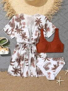 Tween Girl 3packs Tropical Print Bikini Set & Drawstring Waist Kimono Summer Beach - Multicolor - View 1