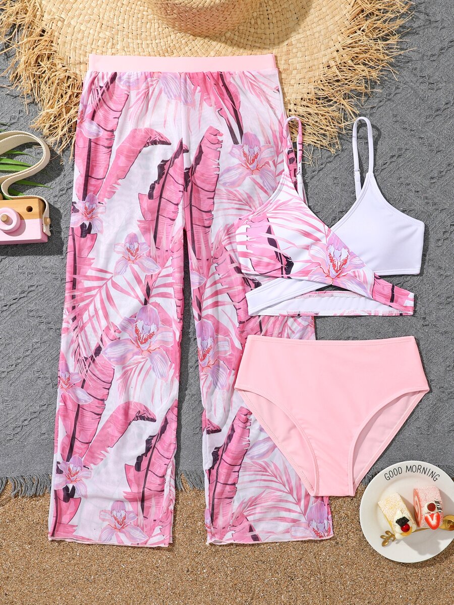 Tween Girl Tropical Print Bikini Set With Cover Up Summer Beach - Multicolor - View 1