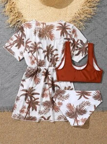 Tween Girl 3packs Tropical Print Bikini Set & Drawstring Waist Kimono Summer Beach - Multicolor - View 2