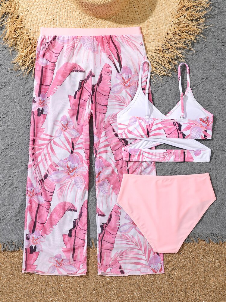 Tween Girl Tropical Print Bikini Set With Cover Up Summer Beach - Multicolor - View 2