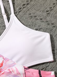 Tween Girl Tropical Print Bikini Set With Cover Up Summer Beach - Multicolor - View 3