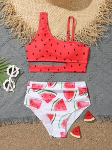 Tween Girl Watermelon Print Cut Out Bikini Set Summer Beach - Red and White - View 1