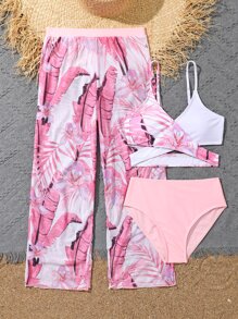 Tween Girl Tropical Print Bikini Set With Cover Up Summer Beach - Multicolor - View 5