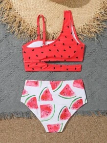 Tween Girl Watermelon Print Cut Out Bikini Set Summer Beach - Red and White - View 2