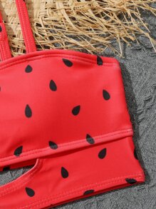 Tween Girl Watermelon Print Cut Out Bikini Set Summer Beach - Red and White - View 4