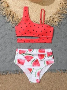 Tween Girl Watermelon Print Cut Out Bikini Set Summer Beach - Red and White - View 5