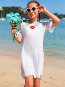 Girls Crochet Panel Flounce Sleeve Cover Up - White - View 4