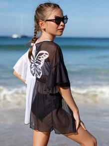 Tween Girl Butterfly Print Two Tone Tie Front Kimono - Black and White - View 2