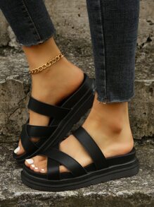 女士交叉防水台涼拖,酷黑色戶外涼鞋